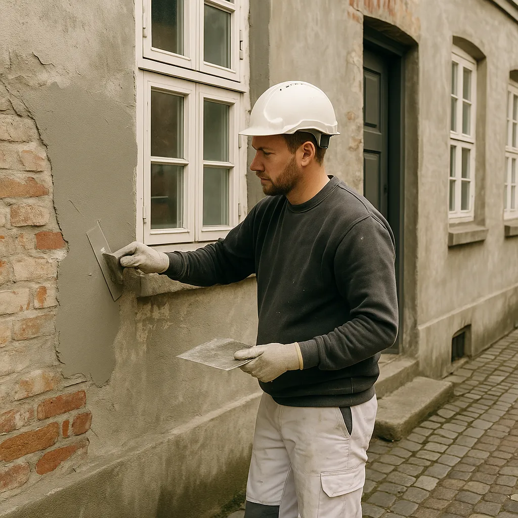 Murer pudser slidt facade på dansk byhus med brostensgade og klassiske vinduer.