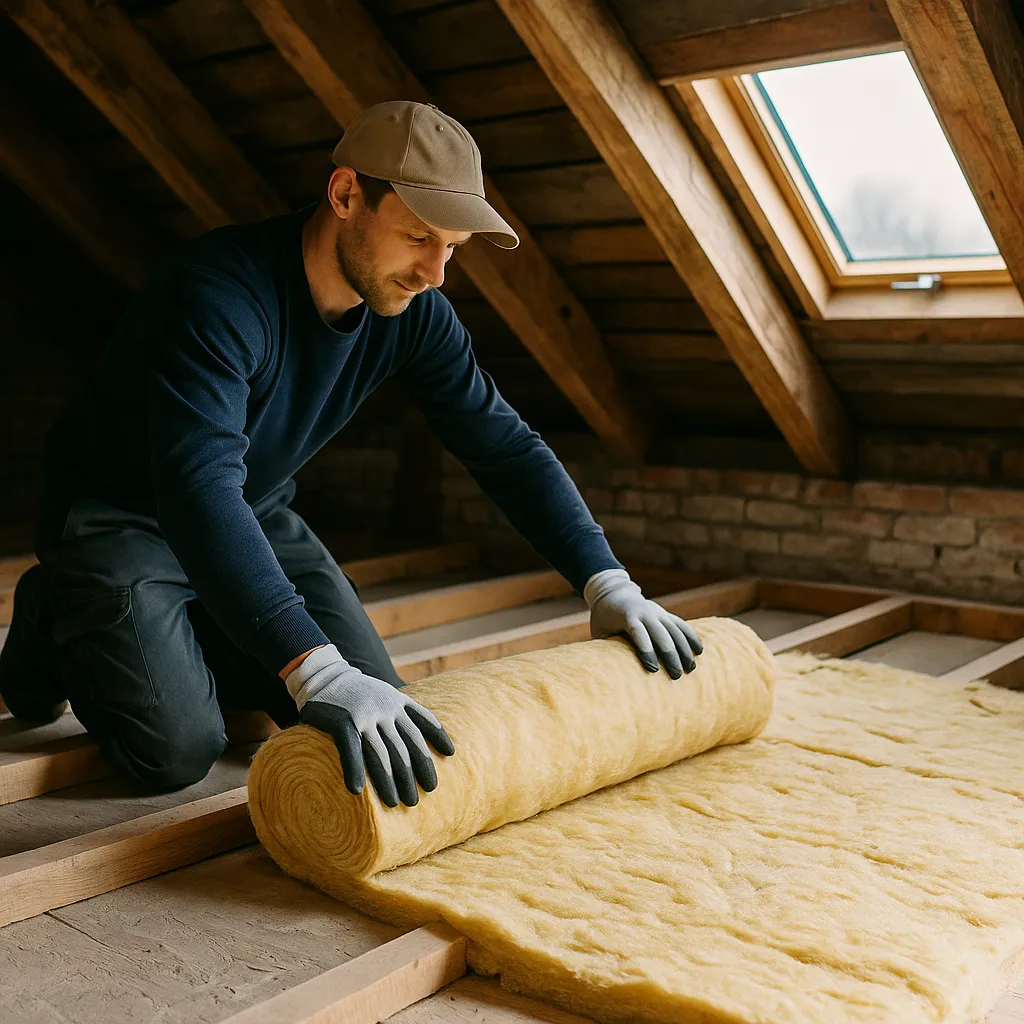 Håndværker ruller isoleringsmåtter ud på loft med synlige bjælker og ovenlys i dansk hus.