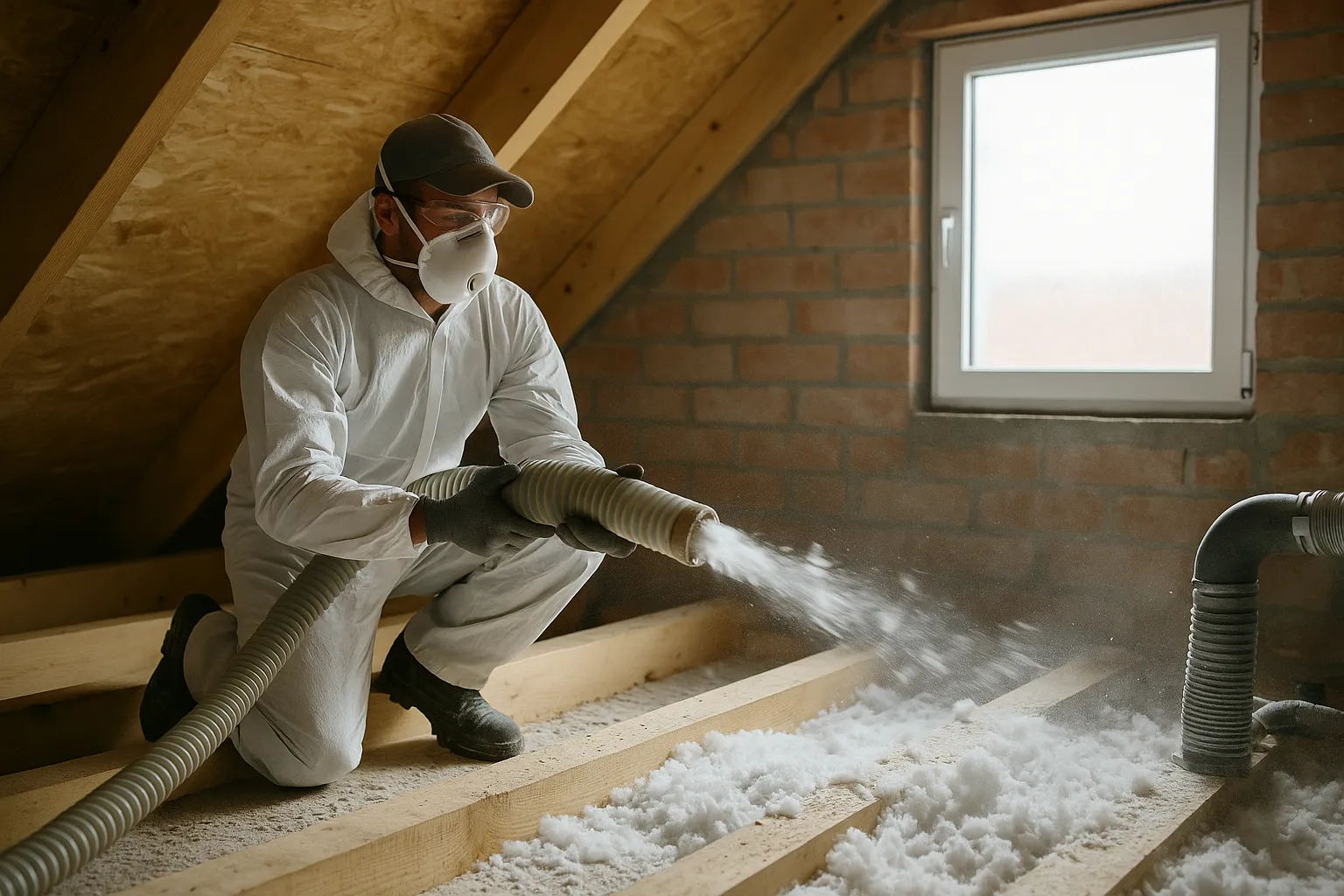 Tekniker sprøjter granulat-isolering på loft med isoleringsmaskine i dansk hus.