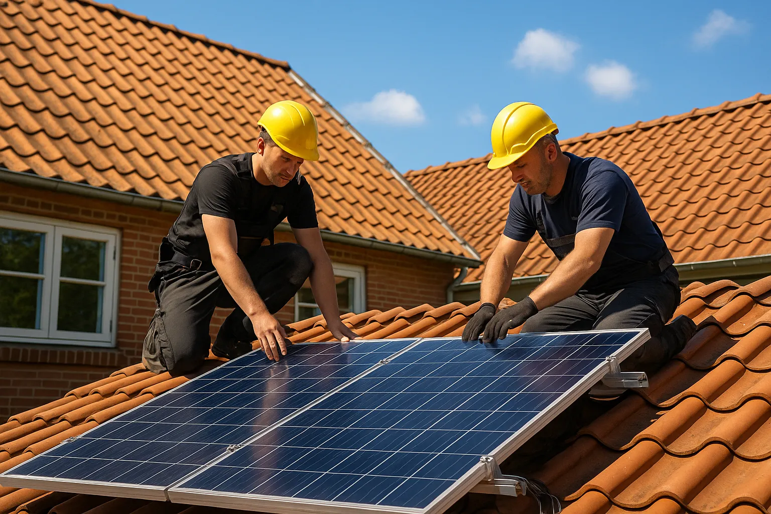 To installatører monterer solceller på rødt tegltag i Danmark under blå himmel.