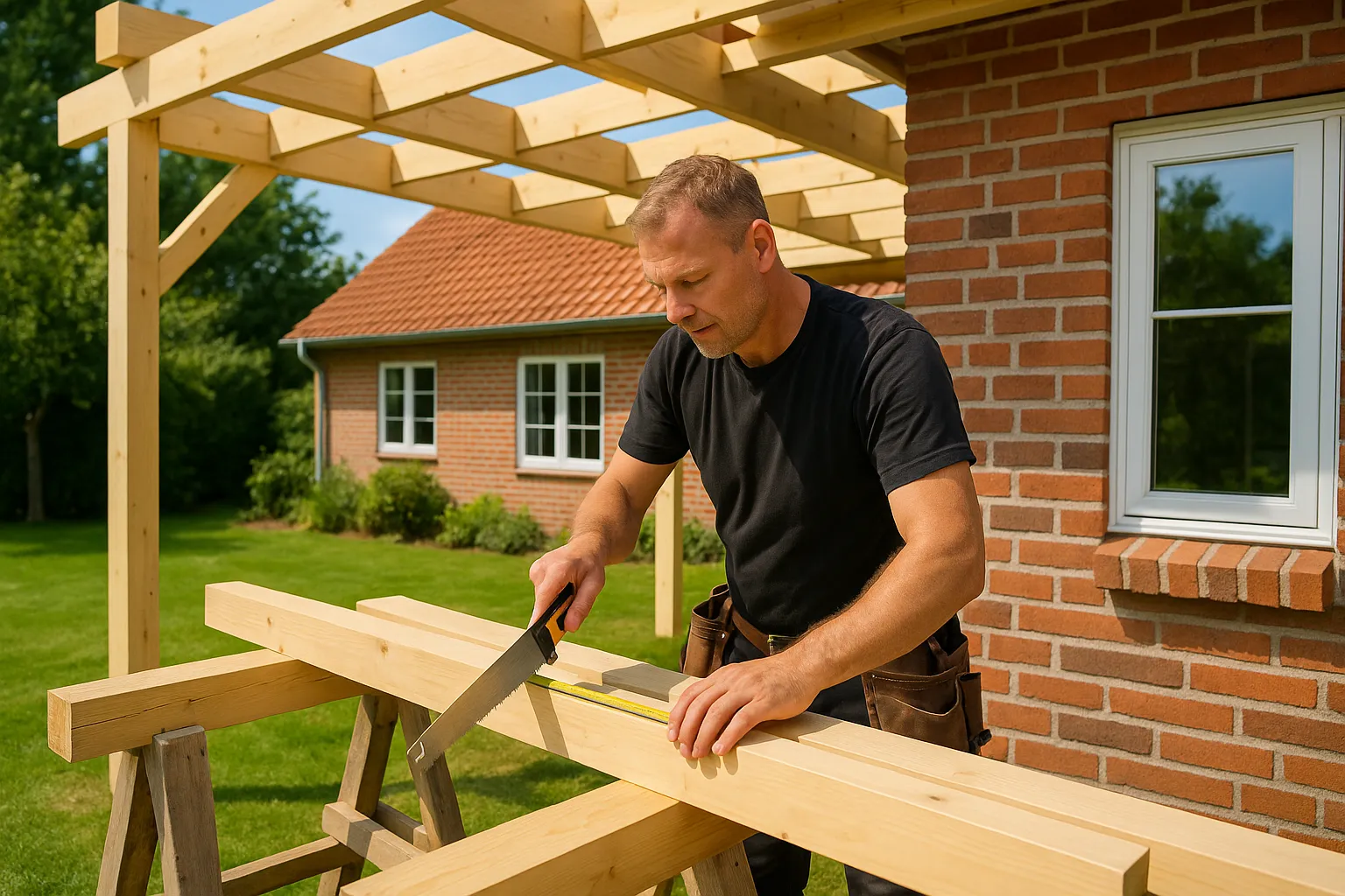 Tømrer bygger carport i dansk forstadshave med træbjælker og savbuk foran murstenshus.
